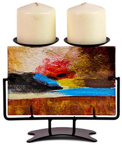 8" Rectangular fused glass double candleholder featuring artfully mixed gold, blue, red, black and white.  Horizon collection