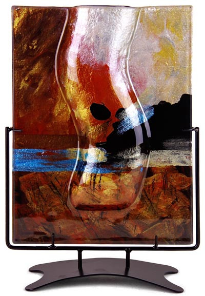 12in Glass Vase featuring red tones, with blue, black and gold highlights