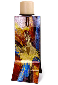 14in Candle Holder 20831 featuring red blue, black and gold fused glass like a reflection!