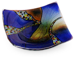 3/5" Square fused glass plate in vibrant blue, with some orange and other details. From our Sky Bridge series