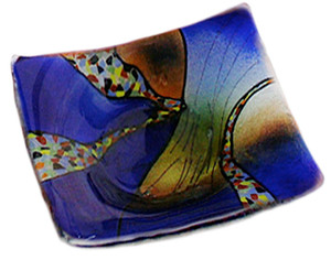 6" Square fused glass plate in vibrant blue, with some orange and other details. From our Sky Bridge series