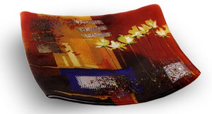 8 inch square glass platter featuring red and orange fused glass, and a series of yellow flowers