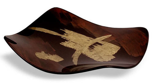 This fused art glass platter features rich brown coloring with bold gold strokes. Flying Brush series