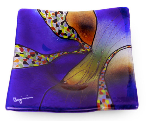 10" Square fused glass plate in vibrant blue, with some orange and other details.  Sky Bridge series