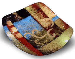 A 15" square platter featuring blue, red, black and gold fused glass with some hand painted gold swirls