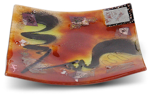 12in square fused glass plate from the Whirlwind series.  Fiery reds, yellows and black