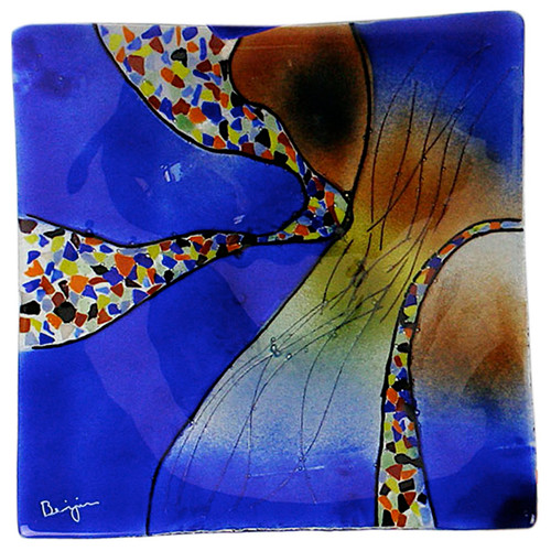 Fused Glass Platter featuring our Sky Bridge theme in brilliant blue and other multiple colors