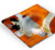 15" Square fused glass platter featuring orange, red and white with black and hand painted metallic gold highlighting.  Abstract patterns