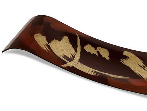 Flying Brush fused glass platter featuring brown and black with gold brush strokes