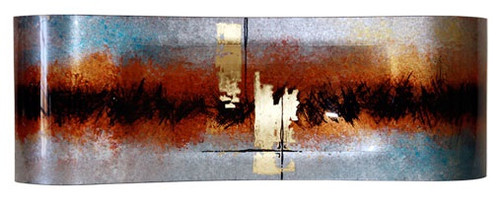 28" fused glass rectangular platter in silver, rust, red, and black, with hand painted metallic gold and black details