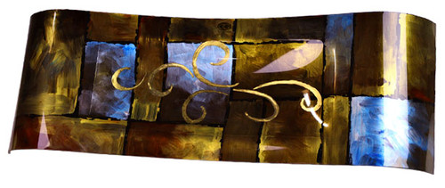 A large waving rectangular platter featureing geometric shapes in brown, gold and touch of blue and black.  Hand-painted and centered Gold curls are neatly positioned