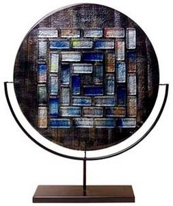 18 inch Round, flat profile, glass platter, with fused glass tiles in a pattern.  Black, blue white, and multiple colors