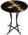 This fused glass cafe table with metal legs is 20" x 30" high.  Black, brown background with hand painted gold finishing touches