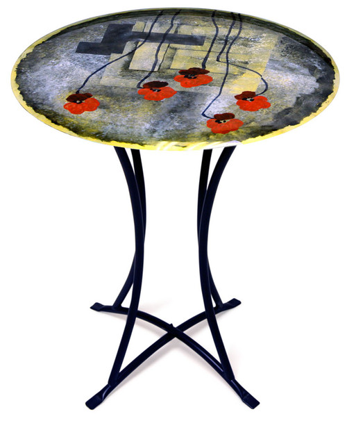 A contemporary fused glass cafe table featuring bright red poppies