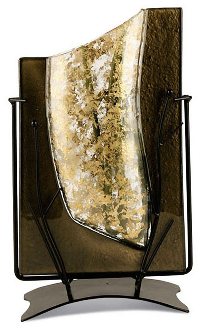A beautiful 14" rectangular fused glass vase in gold and black with an intricate wire stand