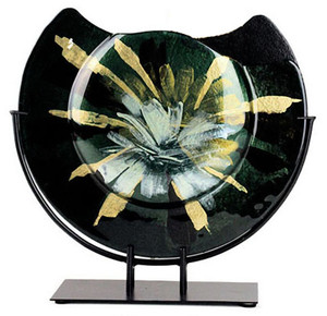 A round fused glass vase in black, with bold white and yellow gold blooms issuing from the center. Full Bloom series