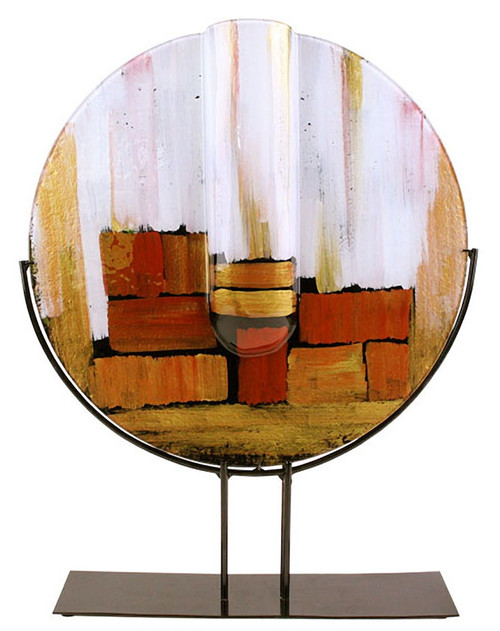 A 20" diameter round glass vase with gold, white and red geometric rectangles.  Stand included