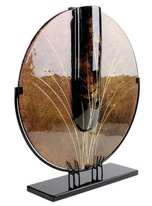 Round fused glass vase 23in tall, in brown, with gold blades of grass