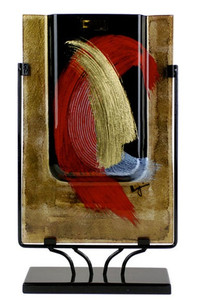 18 inch rectangular fused glass platter featuring gold and black, with hand painted red and gold, broad brush strokes