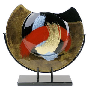 28" Rectangular fused glass waved platter featuring gold and black, with red and gold brush stroke accents