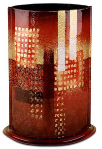 16 inch tall, freestanding vase featuring reds and black, with gold squares representing windows.  Golden City