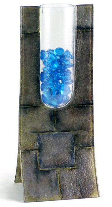A freestanding bud vase standing 13x5, with geometric squares, and blue glass beads