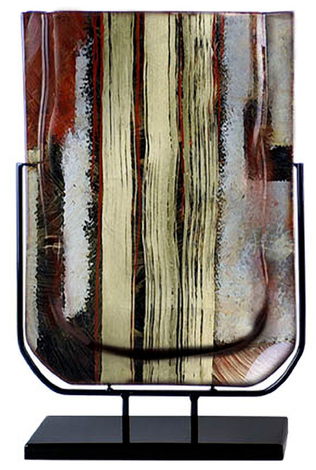 A 19 inch fused glass vase featuring red, black and white with three gold vertical stripes.  From the Gold Water series