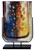 A 19 inch fused glass vase with blue and yellow theme, highlighted with red, and brown and gold hand painted details.  Stand included