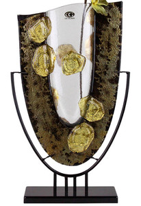 An oval shaped fused glass vase, with a black border, clear vessle and gold nugget appliques