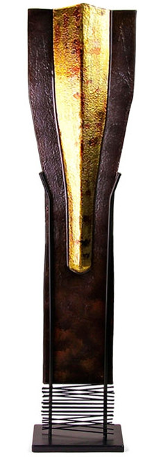 From our Gold Pillar collection, this tall and narrow fused glass floor vase features dark brown coloring and centered bold metallic gold stripe.  Stand included