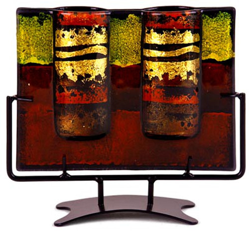 This Contemporary Column, double bud vase in fused glass is a study in red and yellow, with black frames and hand painted metallic gold details.  Stand included