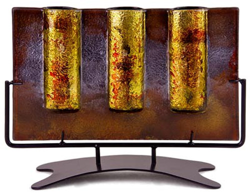 This fused glass rectangular, triple bud vase from our Gold Pillar series, is a work in dark brown with a bold metallic gold vertical stripe.  Stand included.