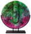 A round fused bud vase featuring a crazed look, in magenta and green.  Stand included