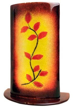 A 12-inch tall freestanding fused glass vase, featuring a yellow background, and red leaves on a vine