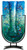 Marine colors are featured in this 18.5-inch tall U-shaped fused glass vase with blue and green, along with many other colored pieces fused in place.  Stand included