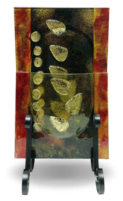 Fused Glass Vase featuring fused Gold Leaves.  Stand included