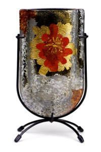 Glass Bud Vase with a gold, red, and silver flower