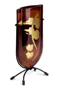 Glass Bud Vase with red brown colors and a gold flower
