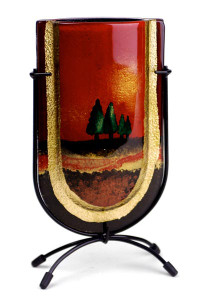 Glass Bud Vase featuring trees over red, black, and gold colors