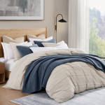 HiEnd Accents 100% French Flax Linen Variegated Stripe Duvet Cover Set - Light Blue