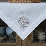 Crown Linen White Table Topper with "Damask" Embroidery