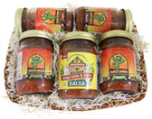 5 SALSA BASKET.  THE PERFECT GIFT FOR THE SALSA LOVER.  INCLUDES ONE OF EACH: MILD, MEDIUM, HOT, HABANERO, AND ROASTED GREEN CHILE AND GARLIC SALSA.
