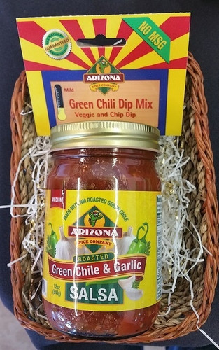 A simple but delicious gift.  Contains our award winning Roasted Green Chile and Garlic Salsa and all natural Green Chile Dip Mix.  Sure to please the green chile lover. 