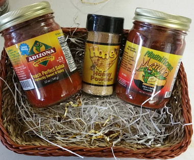 Sweet and Spicy Award Winning Peach Perfect Salsa, Magnificent Mango Salsa, and Honey Powder.  Perfect to please the sweet tooth.