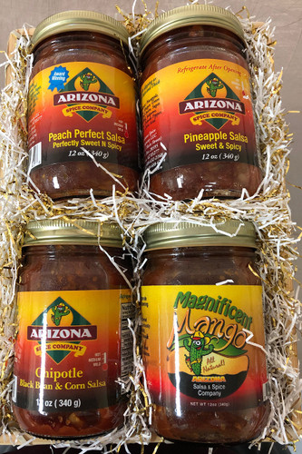 A tropical twist on Southwestern flavor! Four 12-oz jars of all-natural, gluten-free Arizona Spice Company salsas in a festive straw-filled basket:

Peach Perfect Salsa (Sweet n’ Spicy)
Pineapple Salsa (Sweet & Spicy)
Chipotle Black Bean & Corn Salsa
Magnificent Mango Salsa

Bold fruit meets zesty heat – perfect for chips, grilling, or gifting sunshine in every scoop!