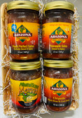 A tropical twist on Southwestern flavor! Four 12-oz jars of all-natural, gluten-free Arizona Spice Company salsas in a festive straw-filled basket:

Peach Perfect Salsa (Sweet n’ Spicy)
Pineapple Salsa (Sweet & Spicy)
Chipotle Black Bean & Corn Salsa
Magnificent Mango Salsa

Bold fruit meets zesty heat – perfect for chips, grilling, or gifting sunshine in every scoop