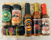 Arizona Inferno Heat Gift Basket
Six extreme-heat Arizona Spice Co. products in a fiery black box:

Dragon Fire Drops (Ghost Pepper)
Black Scorpion Hot Drops (Extremely Hot)
Frightfully Hot Sauce (Reaper Blend)
Scorpion Sting Powder
Green Chile Seasoning
Southwest Burn Seasoning