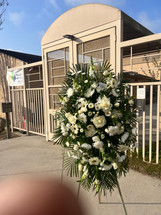 WHITE FAN EASEL FUNERAL SPRAY- ON SALE WAS $240