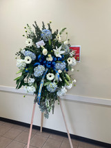 SINCERE SORROW HYDRANGEA EASEL SPRAY- BLUE &WHITE ON SALE WAS $195
