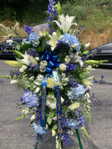 BLUE AND WHITE FUNERAL SPRAY WITH BANNER- ON SALE WAS $260